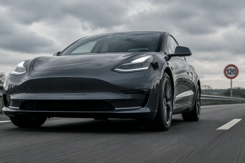 Tesla Model 3 front camera housing approaching a blurred speed limit sign on a European road