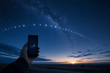 Night sky with satellite constellation above rural field and smartphone pointed upward