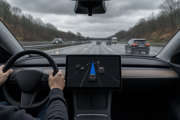 Tesla Model Y driving on German autobahn with Autopilot visualization on center screen, driver hands on wheel