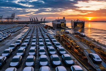 Aerial view of Tesla electric vehicles in a Shanghai port logistics yard at dusk, prepared for export loading