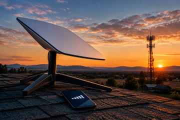 Starlink dish with smartphone showing signal bars and cell tower silhouette at dusk