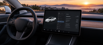 Tesla touchscreen with vehicle software details open inside a Model 3 interior