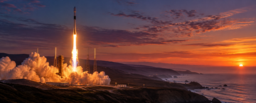 SpaceX rocket launching from Vandenberg Space Force Base in California at dusk