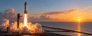 Starship rocket launching from coastal pad at dawn with exhaust plume over ocean