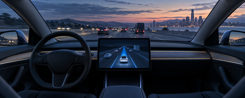 Tesla Model 3 center screen showing full self-driving visualization on highway at dusk