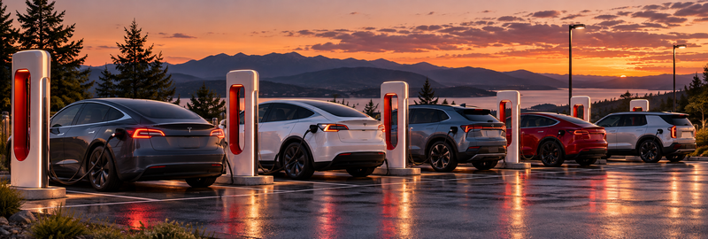 A row of Tesla Supercharger stalls at dusk with a mix of EV brands charging, no text or logos.
