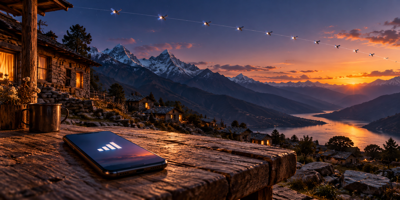 Smartphone with satellite signal bars under a starry sky in a remote village
