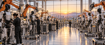 Tesla Optimus humanoid robots in a California assembly facility with robotic arms