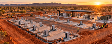 Aerial view of a large Tesla Supercharger site under construction in Australia with EV charging stalls and cable trenches.