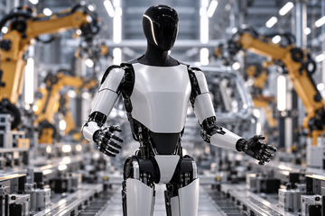Tesla Optimus humanoid robot prototype standing on a production line