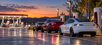 Tesla electric vehicles at a Supercharger with a blurred gas station in the background under evening light