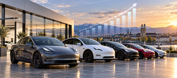 Tesla vehicles at a European delivery center with upward registration trend graph