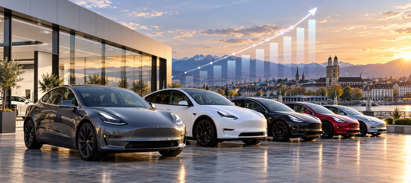 Tesla vehicles at a European delivery center with upward registration trend graph
