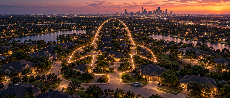 Aerial view of Houston suburbs with a glowing rocket-shaped boundary over streets and a parked electric sedan.