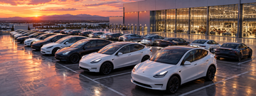 Aerial view of Tesla Model 3 and Model Y vehicles parked outside a factory at dusk, reflecting sky.