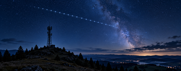 Starlink satellite train above a cell tower at night, illustrating direct-to-cell coverage expansion