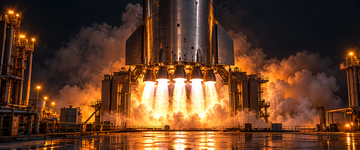 Static fire of SpaceX Starship upper stage Ship 42 with six engine plumes at night