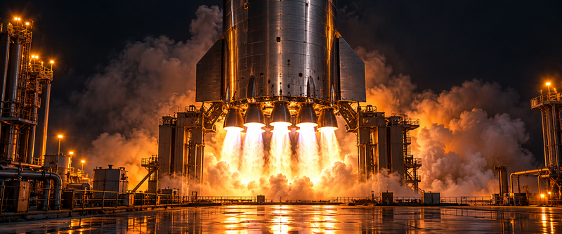 Static fire of SpaceX Starship upper stage Ship 42 with six engine plumes at night