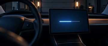 Tesla Model 3 center touchscreen showing software update progress in dark garage