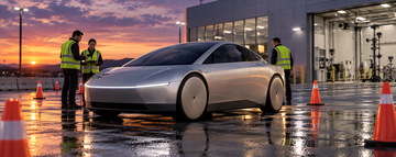 Tesla Cybercab prototype outside a regulatory testing facility at dusk, with cones and engineers