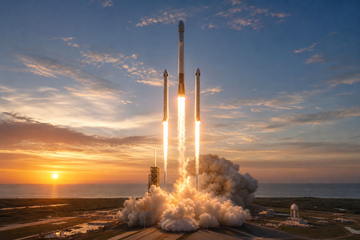 SpaceX Falcon Heavy rocket launching NASA Roman Space Telescope from Kennedy Space Center with booster separation