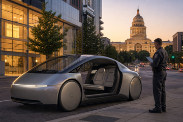Tesla Cybercab at Austin curb with federal safety inspector holding tablet near open door