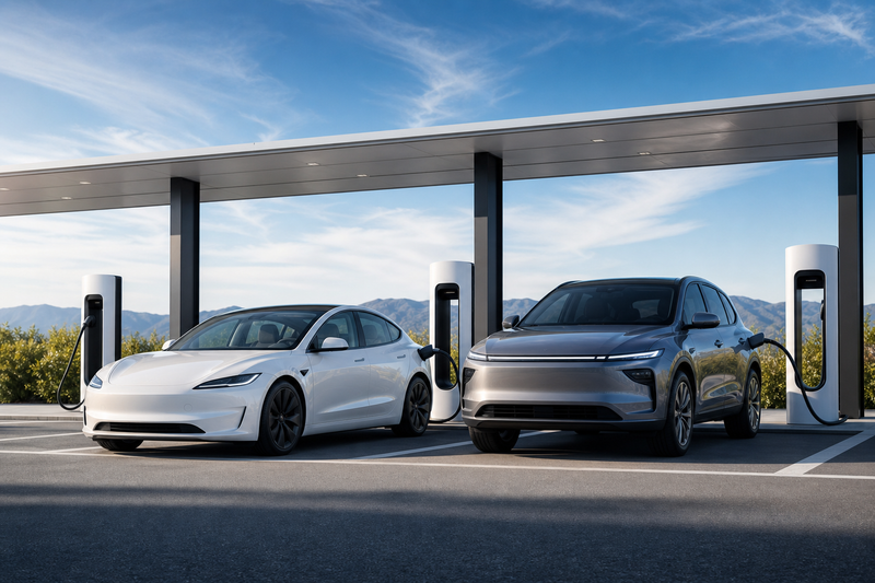 EV charging stalls with Tesla and other electric vehicles plugged in under blue sky