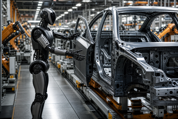 Humanoid robot on an automotive assembly line reaching toward a partially assembled car chassis under factory lights.