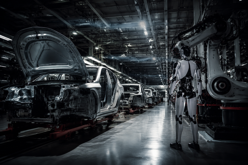 Tesla factory floor with humanoid robot and partially disassembled assembly line