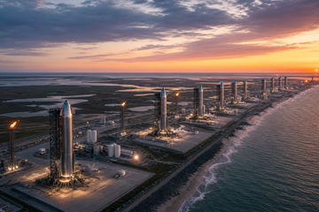 Aerial view of SpaceX Starbase Louisiana concept with ten Starship launch pads on the Gulf Coast