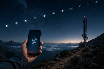 Smartphone screen showing satellite connection option on remote trail under Starlink satellite sky