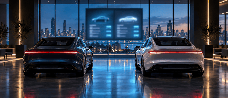 Illustration of two sedans seen from behind in a modern showroom with blurred vehicle-comparison displays on the wall.
