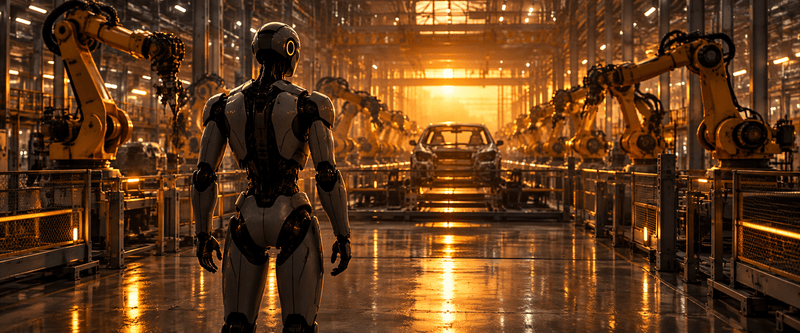 Concept illustration of a humanoid robot seen from behind between factory assembly lines with industrial robot arms.