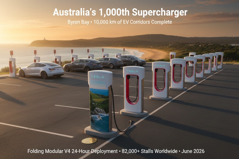 Tesla's 1,000th Australian Supercharger Opens in Byron Bay — And the Folding V4 Tech Behind the Speed