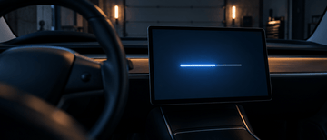 Tesla Model 3 center touchscreen showing software update progress in dark garage