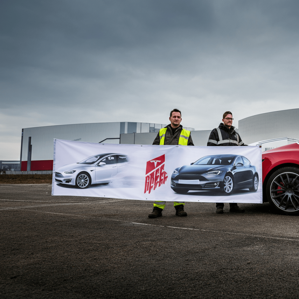 Tesla Giga Berlín desvela un cartel de solidaridad en medio de la inte