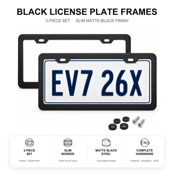 Two matte black license plate frames with a white plate and mounting hardware
