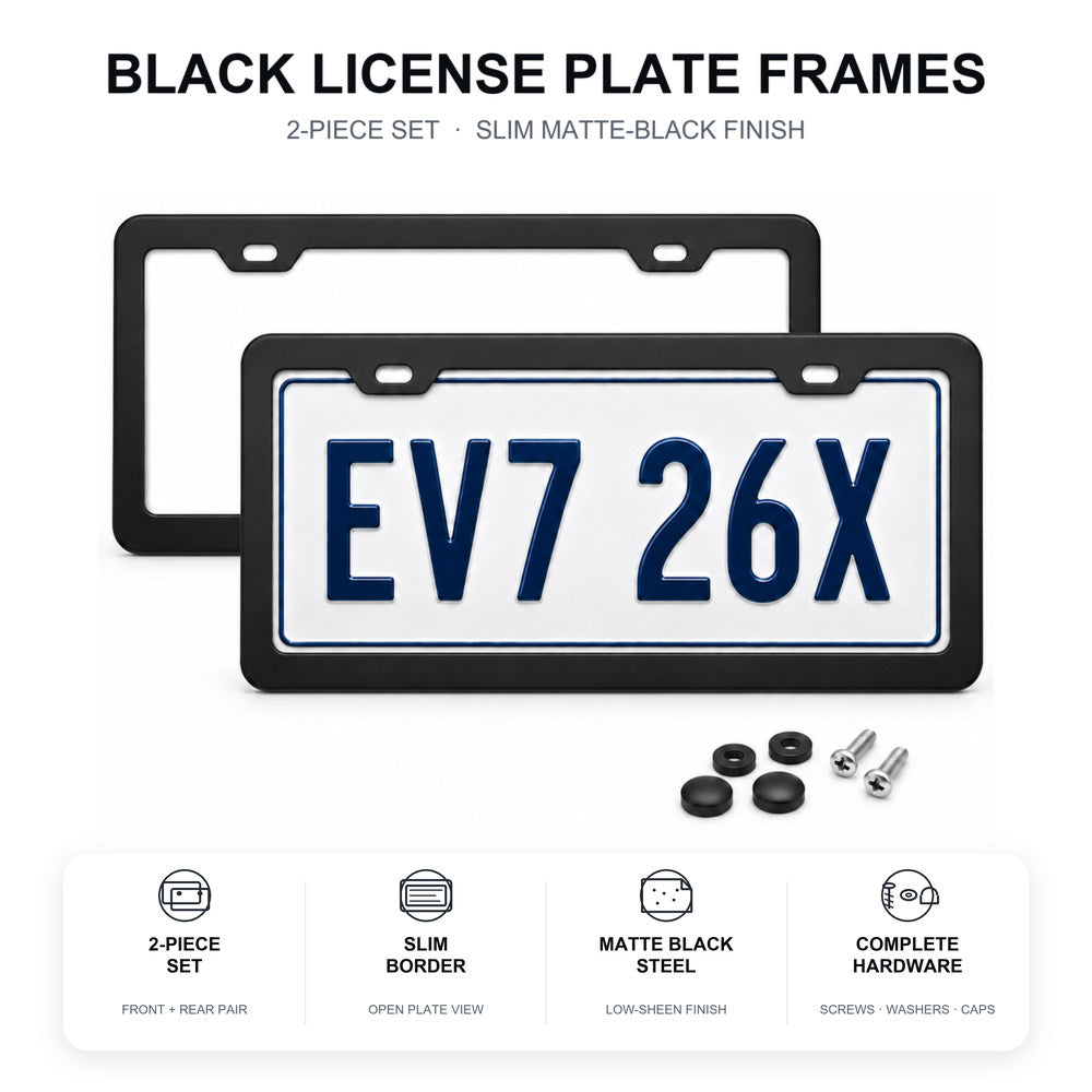 Two matte black license plate frames with a realistic white plate, screws, washers and black caps.