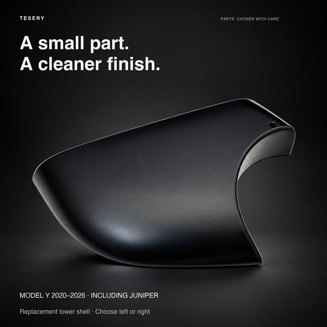Matte black left lower mirror cover for Tesla Model Y 2020–2026 including Juniper