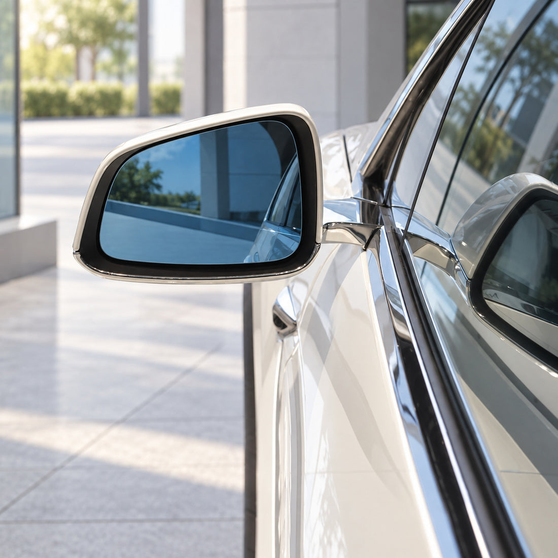 TESERY blue wide-angle exterior mirror glass pair on white, with a blue front and the actual backplate with heater terminals.