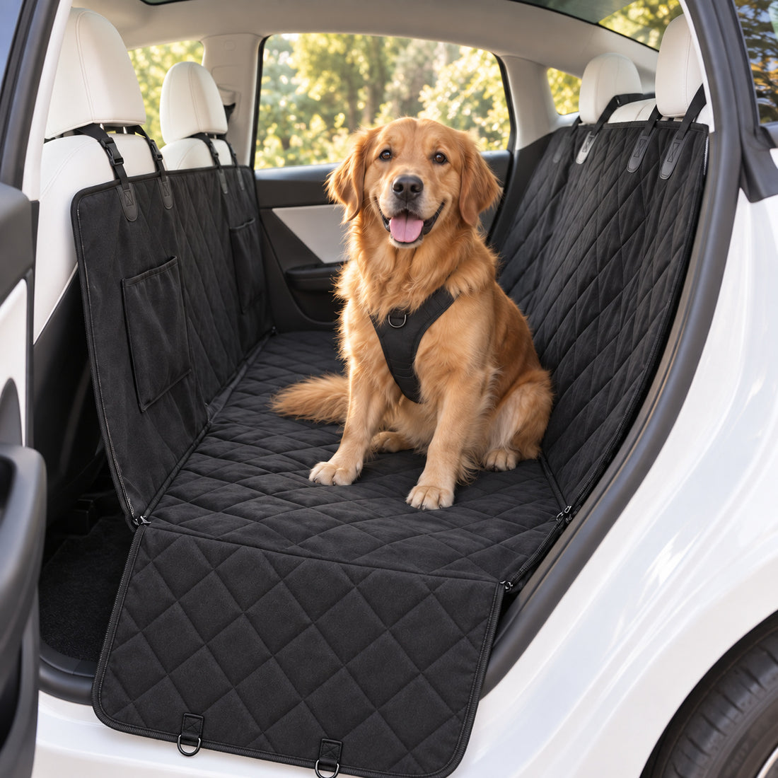 Black TESERY TSL2603 dog seat cover on white, showing the quilted back and base, split front panel, side flap and attached straps.
