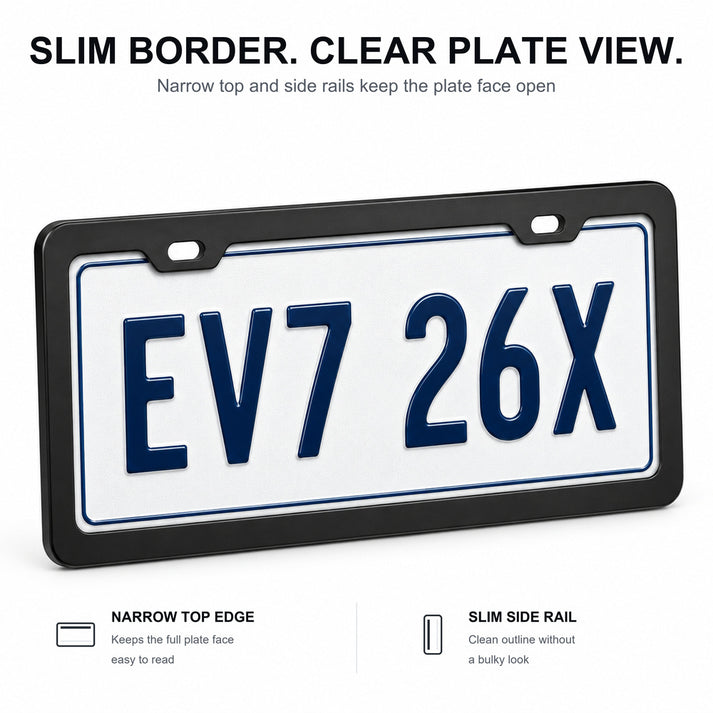 Slim black license plate frame showing its narrow top edge and side border around a white plate