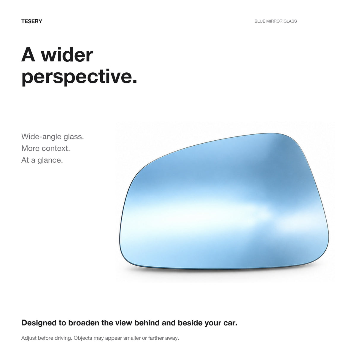 Blue wide-angle replacement glass with guidance to adjust the mirror and allow for changed apparent distance.