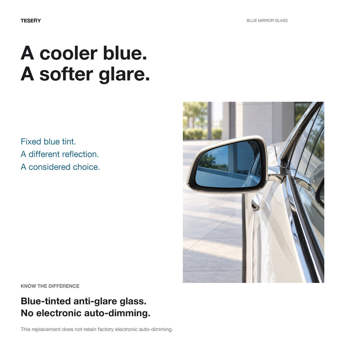 Blue-tinted mirror glass with a clear notice that this replacement does not retain factory electronic auto-dimming.