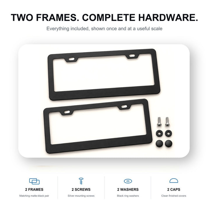 Two matte black license plate frames with screws, washers and black finishing caps