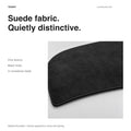 Material illustration of the black short-nap suede-fabric finish and curved edge of the dashboard mat.