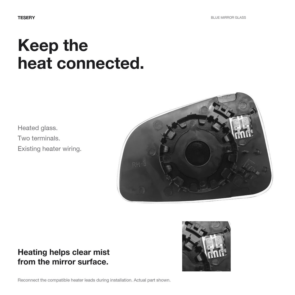 Actual backplate and close-up of the two heater terminals used to connect the replacement heated mirror glass.