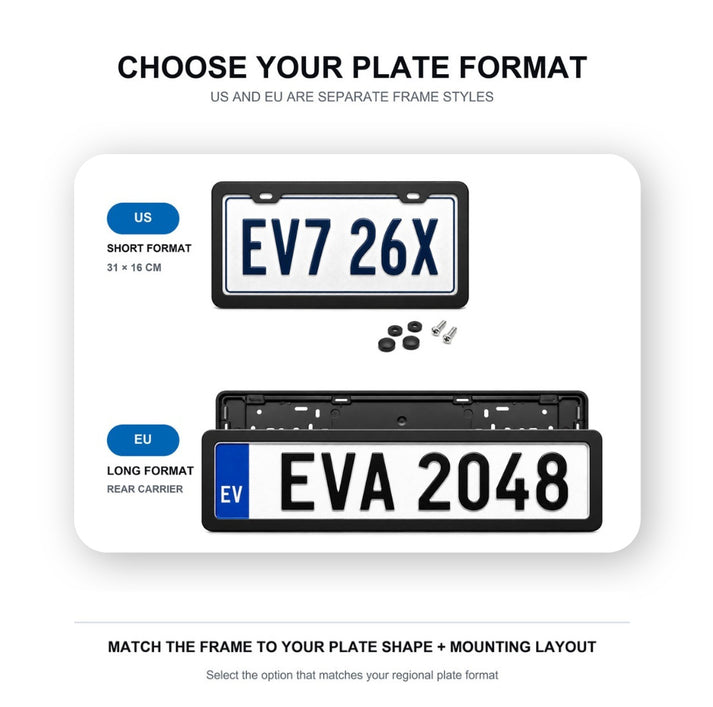 Side-by-side comparison of US short and EU long matte black license plate frame formats
