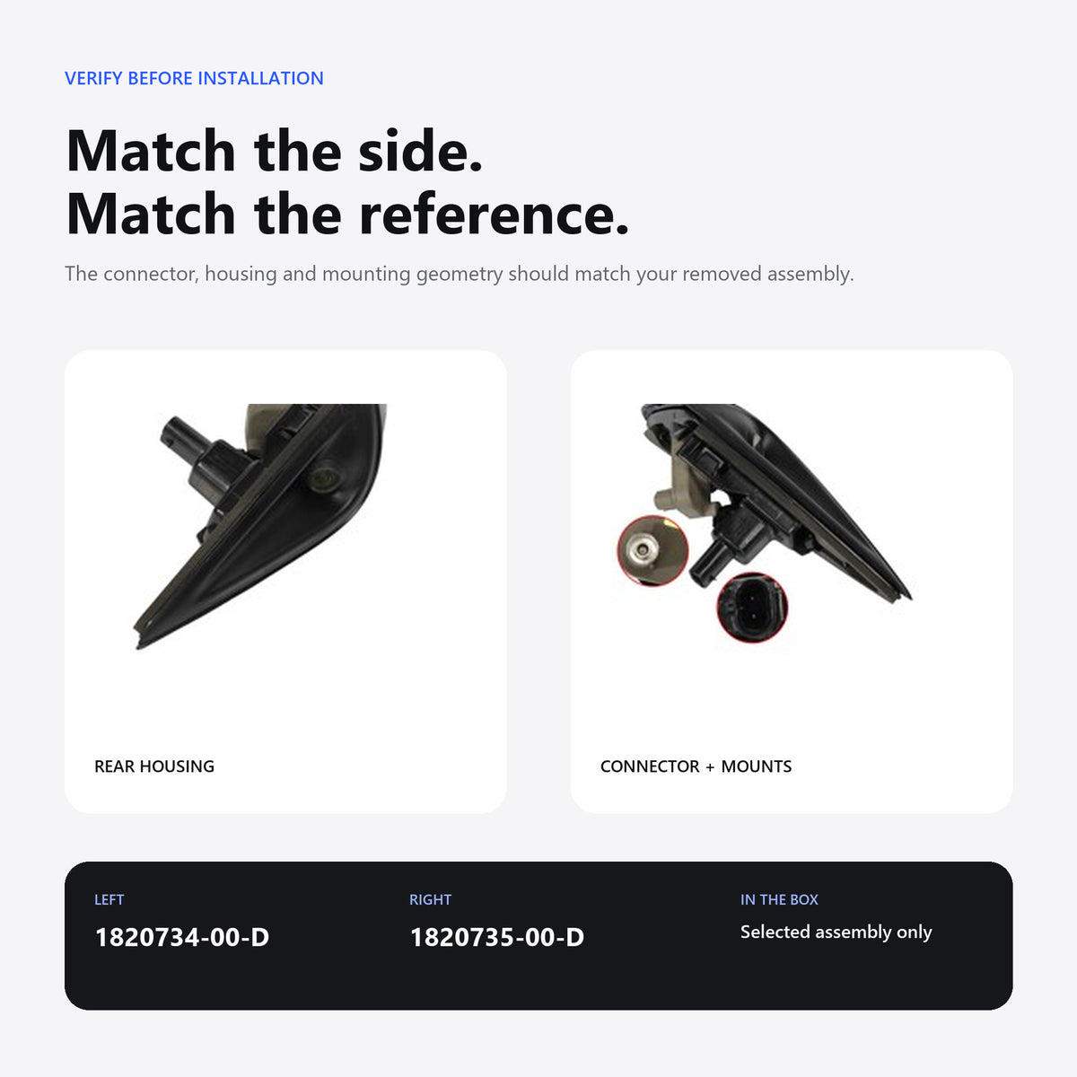 Side repeater rear housing, connector and left-right OE reference numbers
