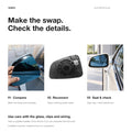 Three-stage mirror-glass replacement overview: compare fit, reconnect heater leads, then seat the clips and check adjustment.